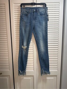 Blank NYC Great Jones Blue Skinny Jeans with Distressed Knee and Frayed Hem